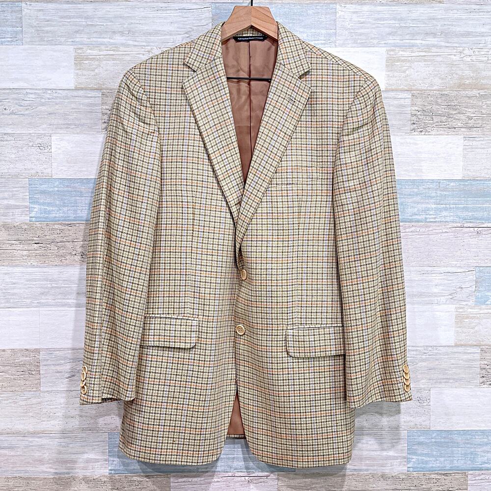 Coppley 100% Silk Dobby Minelli Sport Coat Beige Plaid Two Button Mens 40R